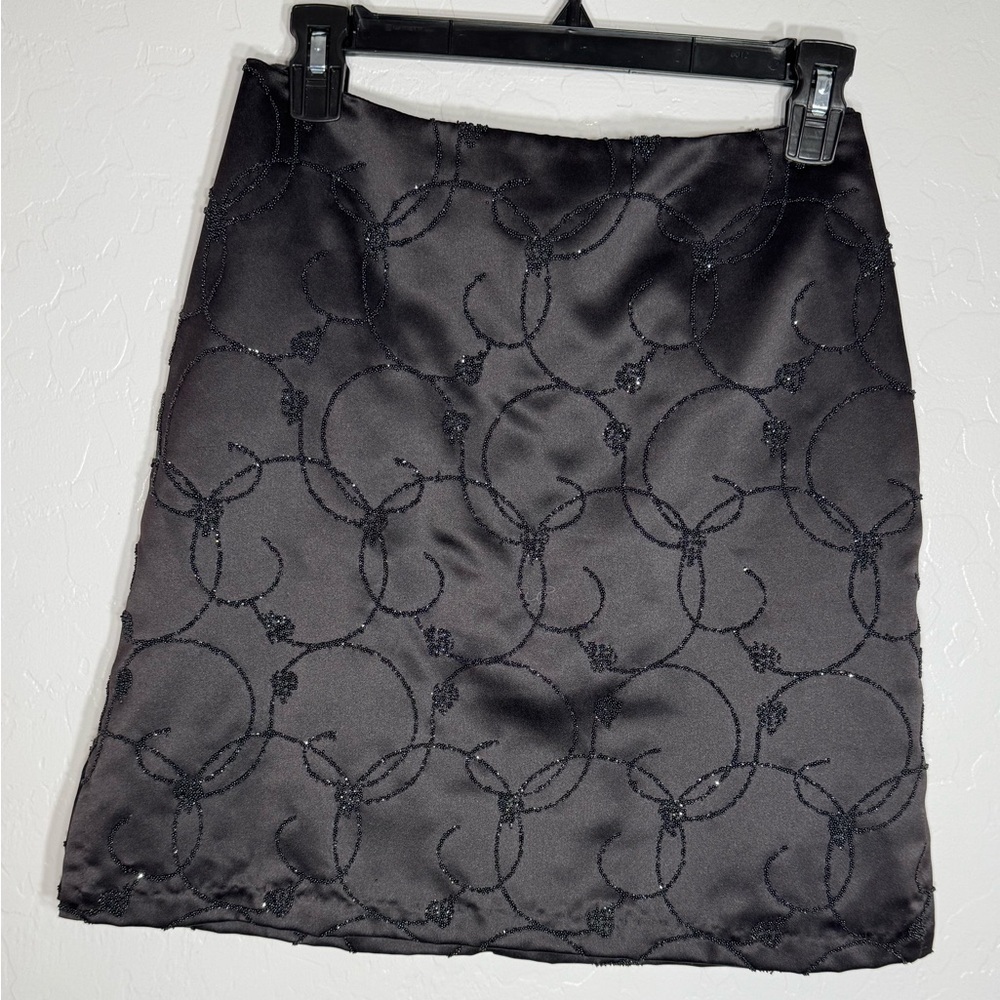 Vintage 90s Moda International Black Satin Mini Skirt Embroidered Size 8 USA